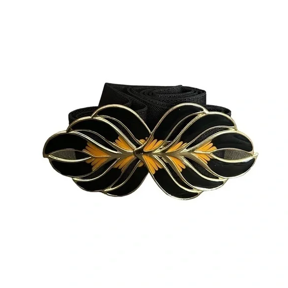 Vintage 80’s Black Adjustable Stretch Enamel Cloisonné Statement Buckle Belt - Picture 15 of 16